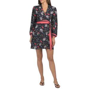 CELINA MOON Navy Long Sleeve Swan Embroidered Print Wrap Mini Dress